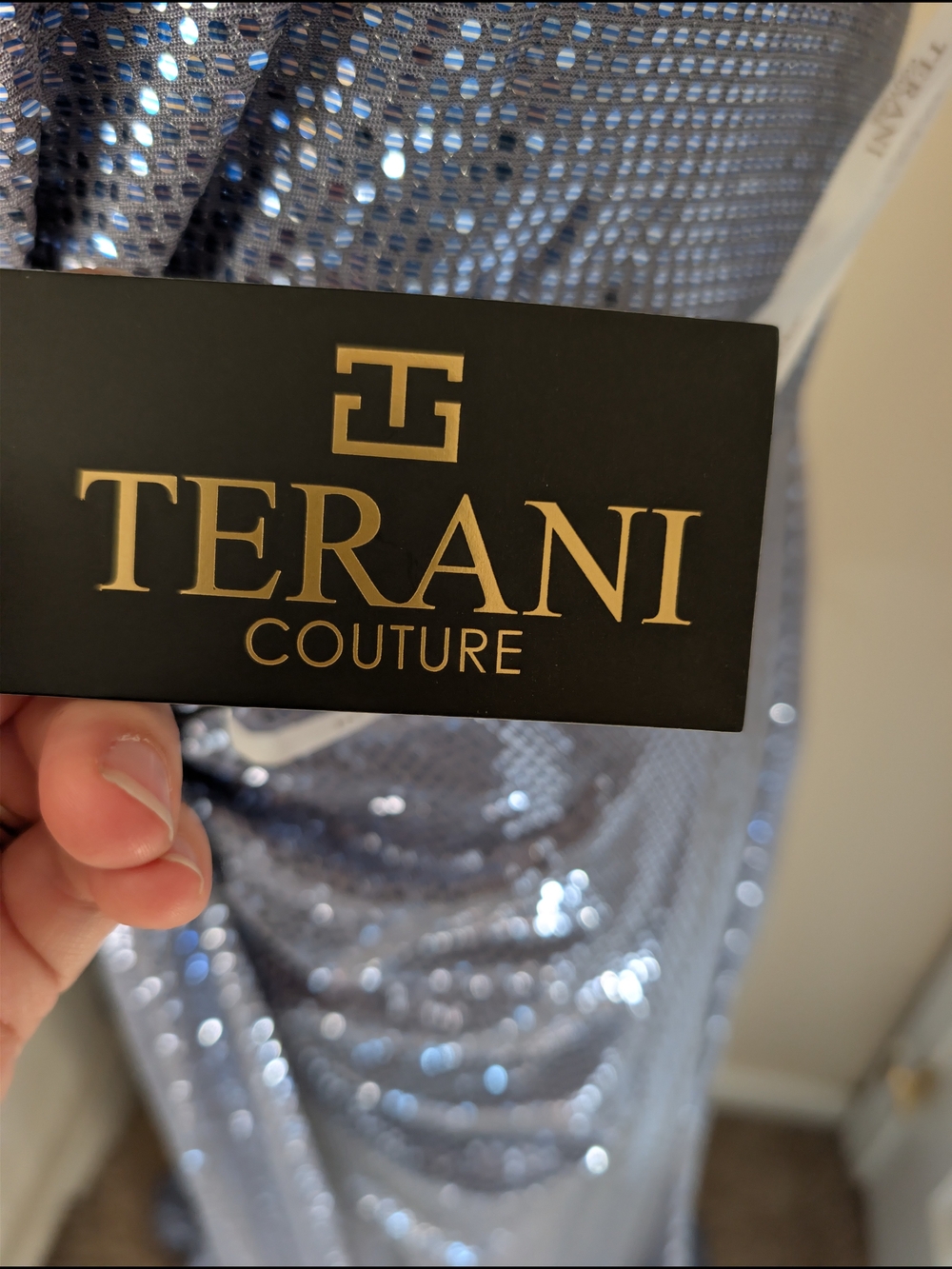 NWT Terani Couture 251P4369 Sequin Halter Rosette Gown Denim Blue Size 10 - Picture 3 of 11